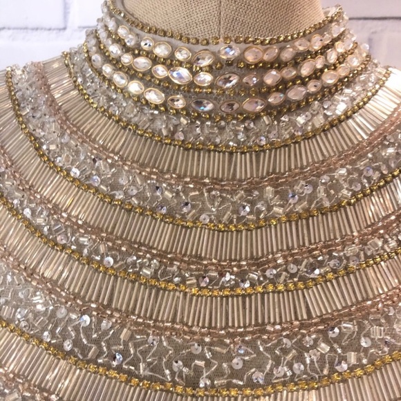 Mock neck embellished open back yellow mermaid gown dress - Picture 4 of 8